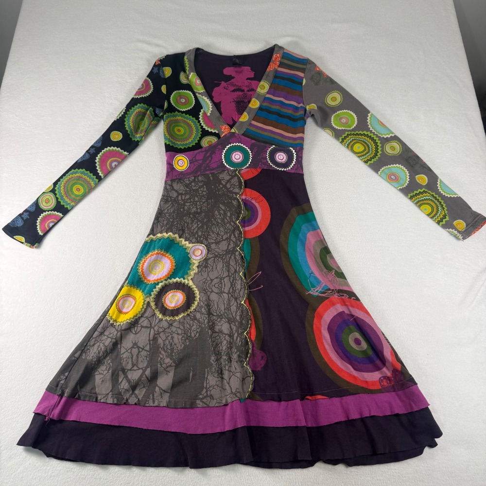 Desigual Patchwork Boho Dress Womens Size S Multicolor Cotton Long Sleeve V-Neck